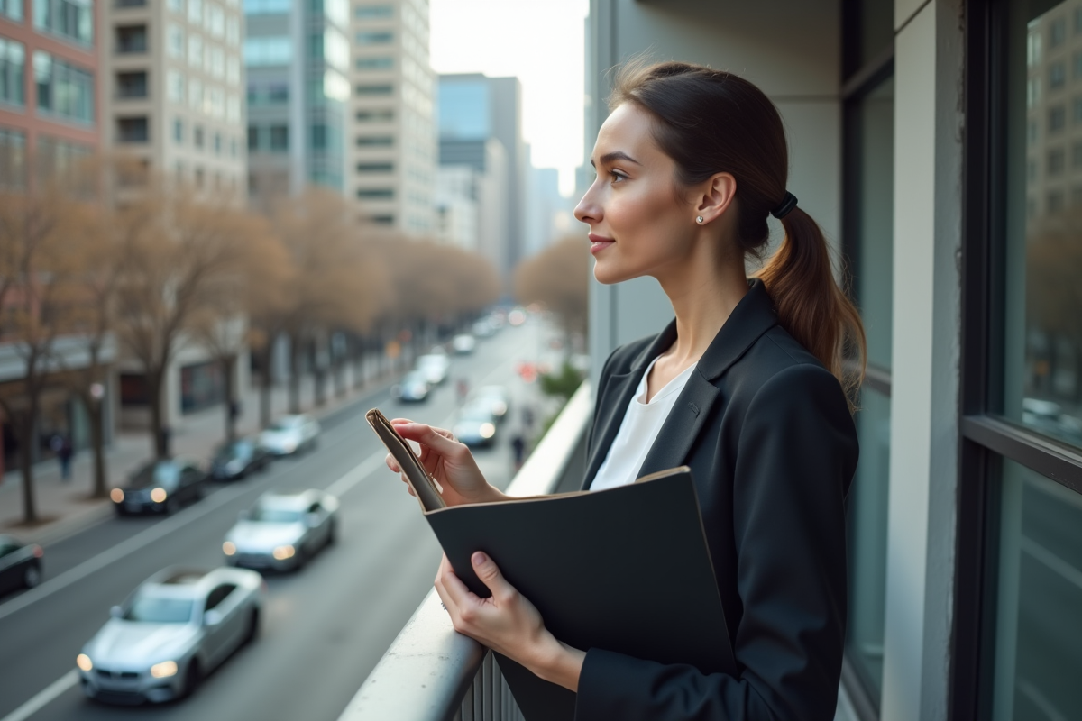 Jeune femme regardant la ville depuis un balcon avec un contrat de location