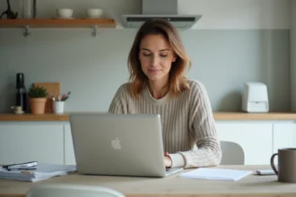 Femme élégante travaillant sur son ordinateur dans une cuisine moderne