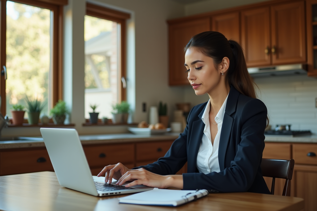 Jeune femme calculant un prêt immobilier à la maison
