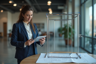 Jeune femme en costume calcule volume sur tablette dans bureau