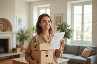 Jeune femme souriante dans un salon lumineux vérifiant un formulaire de changement d'adresse