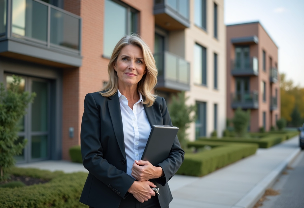 Femme tenant des clés devant un immeuble neuf
