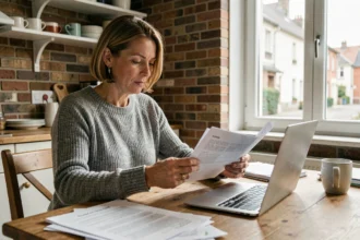 Femme comparant des offres d'assurance habitation sur un ordinateur portable dans un appartement de Roubaix