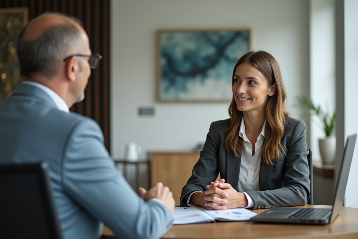 Jeune femme en réunion avec conseiller financier dans bureau moderne