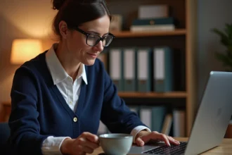 Femme consultant sa demande de logement social sur le site alin.fr depuis son bureau à domicile