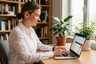 Femme utilisant le service Patrim sur un ordinateur portable pour consulter les valeurs foncières dans un bureau à domicile