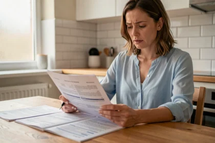 Femme lisant attentivement son contrat d'assurance habitation à la table de cuisine