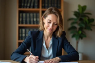 Femme examinant un contrat de bail posé sur un bureau avec des documents juridiques liés au compte séquestre de loyer
