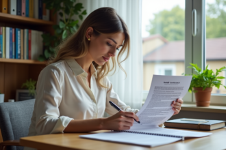 Femme lisant un contrat de location dans un bureau à domicile