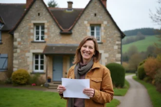 Femme souriante avec contrat de location devant maison rurale