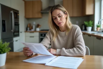 Femme d'âge moyen examinant des documents d'assurance maison