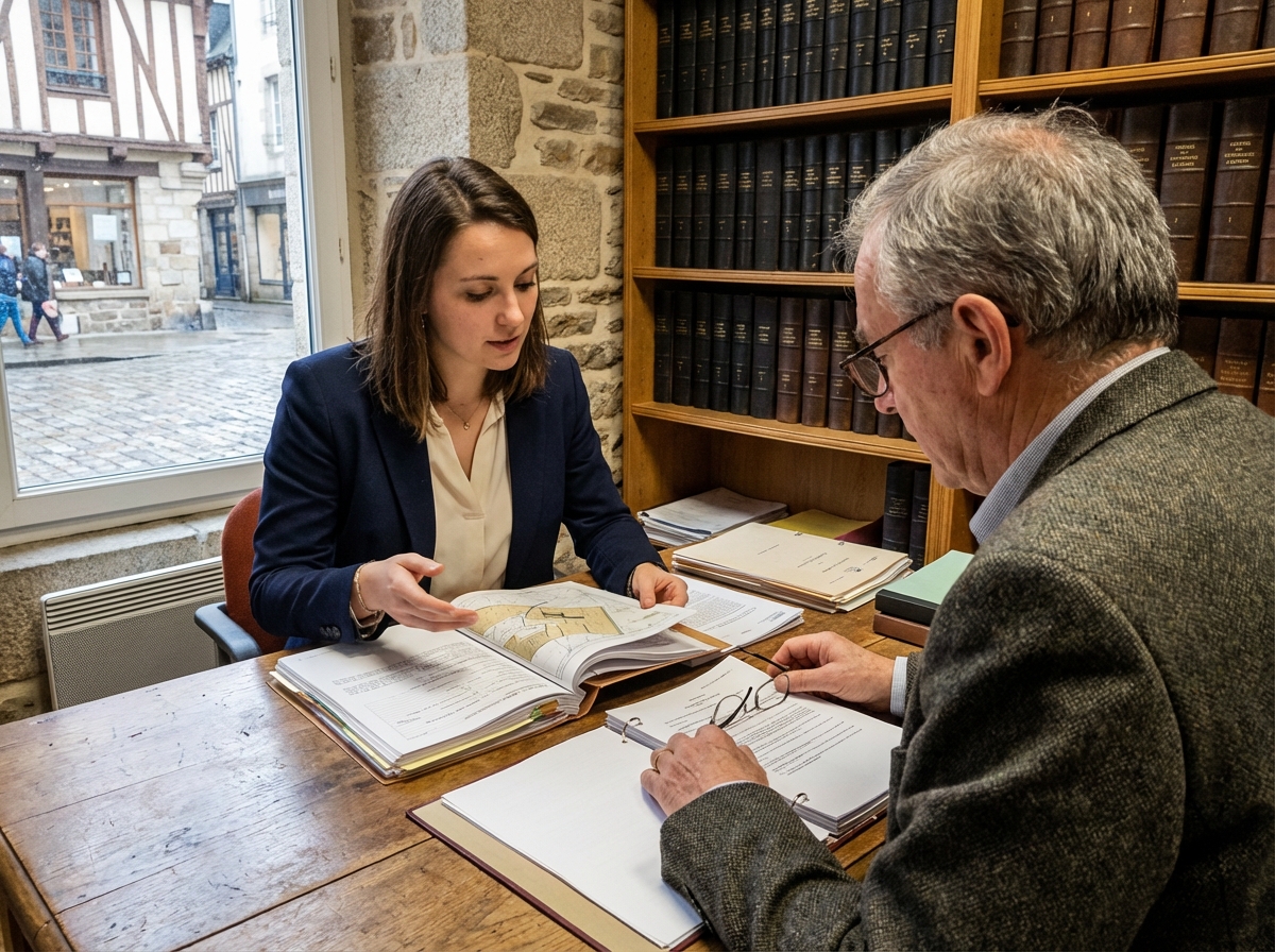 Femme discutant avec un notaire autour de papiers officiels