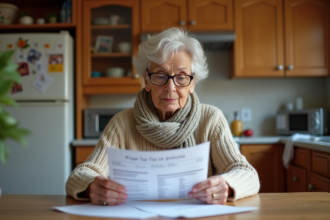 Femme âgée regardant sa facture de taxe foncière à la maison