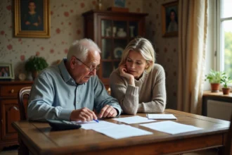 Femme d'âge moyen et son père âgé examinent des papiers familiaux