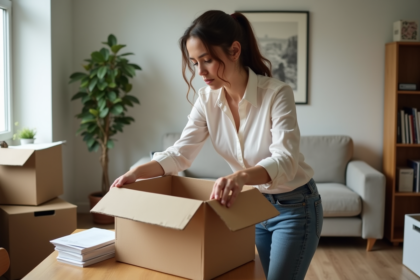 Femme dans son appartement emballant des livres