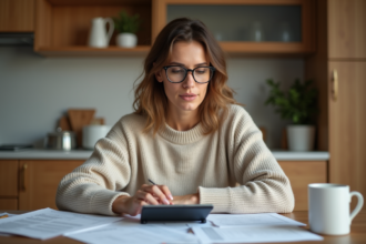 Femme étudie des documents de prêt immobilier à la maison