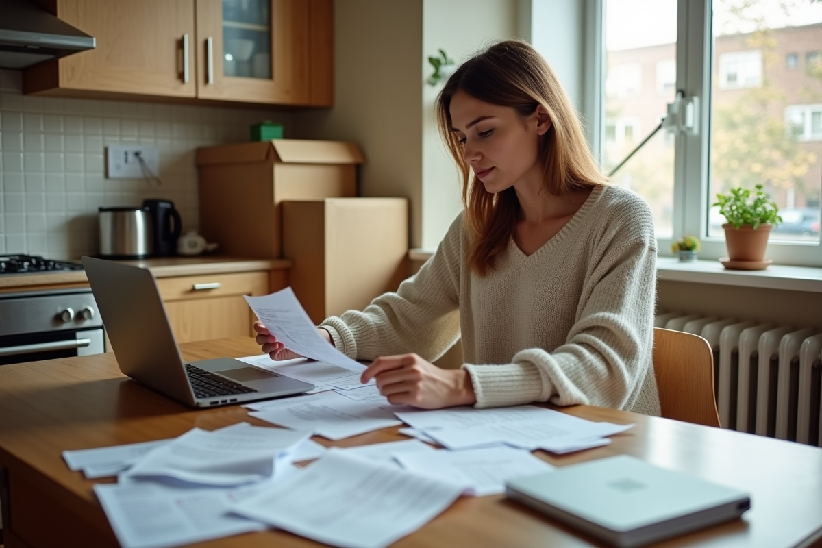 Femme examinant ses dépenses dans une cuisine lumineuse
