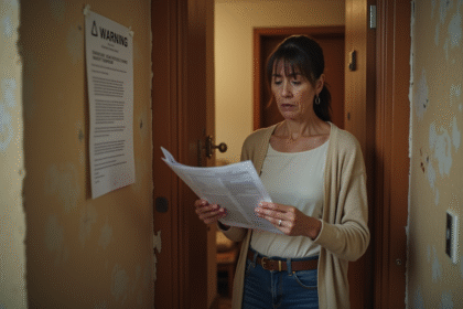 Femme inquiète tenant un contrat de location dans son appartement