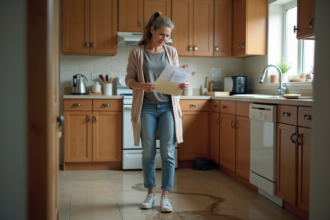 Femme inquiète regardant une fuite d'eau sous l'évier de cuisine
