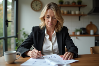 Femme française en blazer examine documents d'investissement