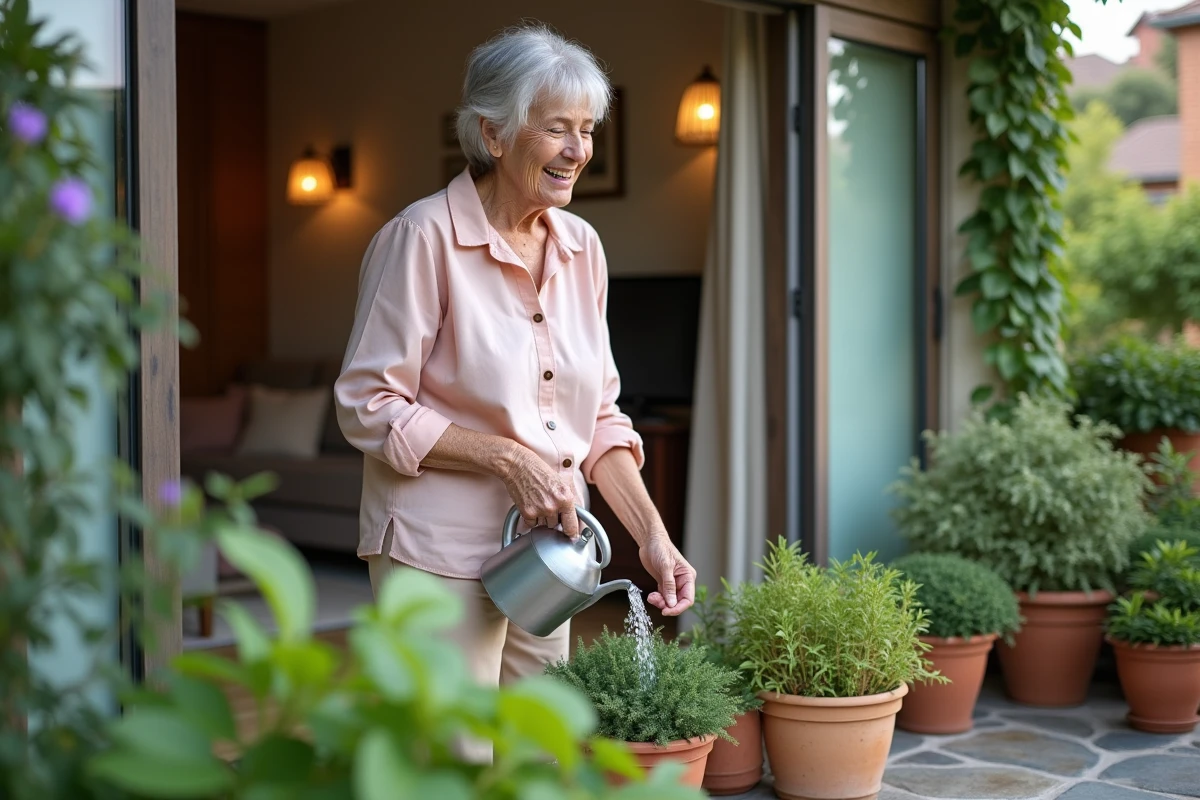 Femme retraitée arrosant ses plantes sur la terrasse