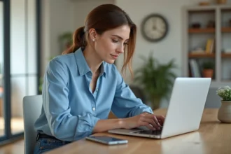 Femme utilisant son ordinateur portable dans un intérieur moderne