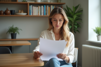 Femme lisant un document juridique dans un appartement lumineux