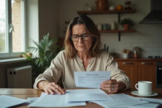 Femme locataire examinant des documents de bail solidaire et des avis d'impayés de loyer à une table de cuisine