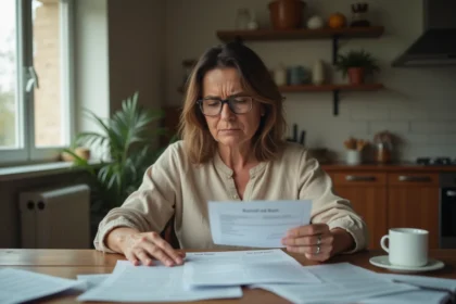 Femme locataire examinant des documents de bail solidaire et des avis d'impayés de loyer à une table de cuisine