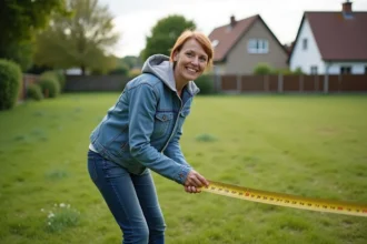 Femme mesurant un terrain de 12 ares en extérieur