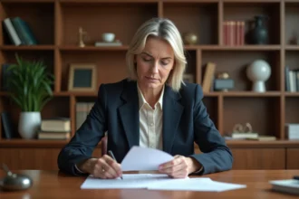 Femme en costume vérifiant des documents de location