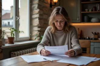 Femme française examine documents d'impots dans sa cuisine