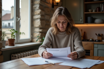 Femme française examine documents d'impots dans sa cuisine