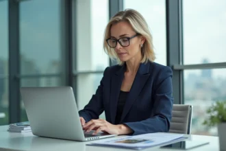 Femme professionnelle en bureau moderne avec ordinateur portable