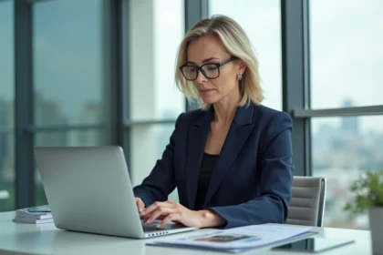 Femme professionnelle en bureau moderne avec ordinateur portable