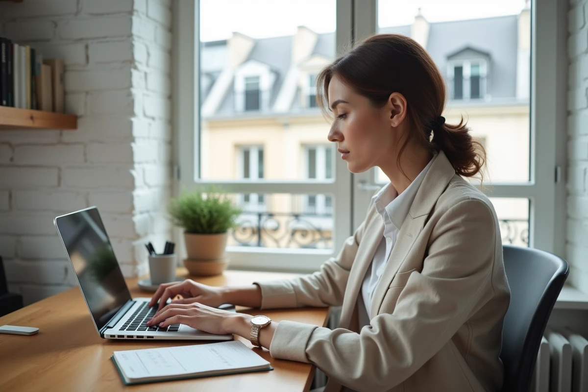 Jeune femme recherchant un appartement T2 sur ordinateur pour son premier achat immobilier