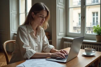 Femme consultant des avis sur un site d'annonces immobilières depuis son appartement parisien