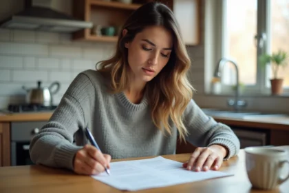Femme rédigeant une lettre de préavis à la main à une table de cuisine en bois dans un appartement