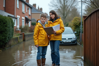 Femme et adolescent devant une maison inondée
