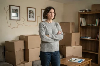 Femme seule dans un salon en cours de déménagement avec des cartons et une brochure immobilière, illustrant une vente de maison urgente suite à un divorce