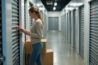 Femme en jeans vérifiant son cadenas dans un centre de stockage
