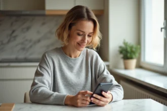Femme consultant le suivi de ses travaux depuis l'application My Foncia sur smartphone dans son appartement
