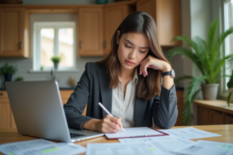 Femme concentrée à son bureau avec papiers et ordinateur