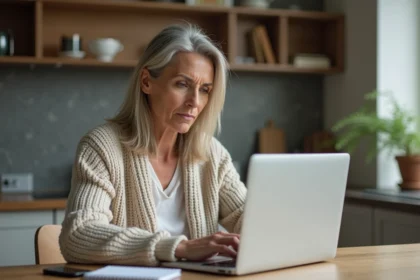 Femme d'âge moyen travaillant sur un ordinateur dans une cuisine moderne