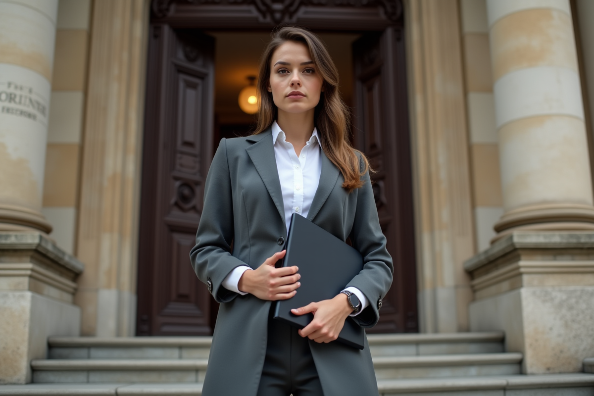Jeune femme debout devant un tribunal en France