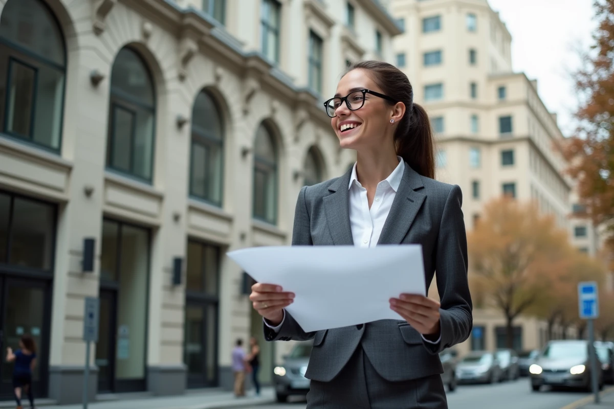 Jeune femme en costume regardant un immeuble rénové en ville