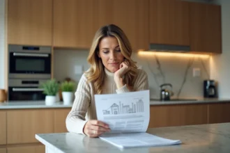 Femme dans la cuisine examine des documents de valuation immobilière
