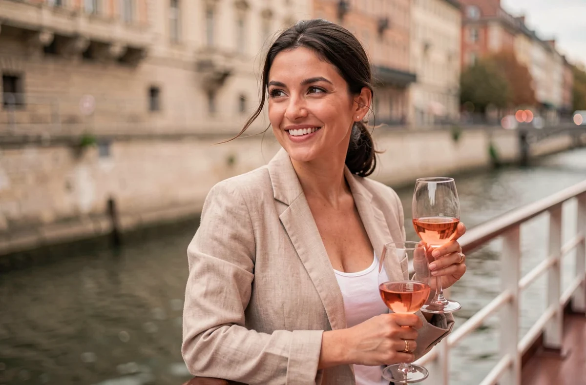 Portrait d'une femme en tenue casual-chic savourant un verre de rosé lors d'un afterwork sur une péniche à Lyon