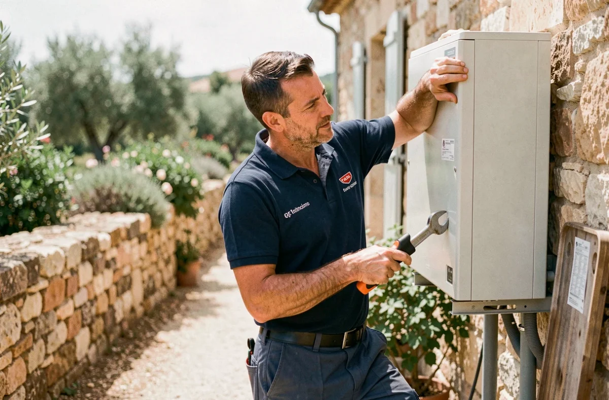Technicien de FG Clim Energie installant une pompe à chaleur sur une maison à Lorgues dans le Var