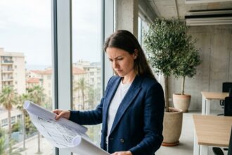 Jeune femme fondatrice de start-up examinant des plans de bureaux dans un espace de coworking moderne à Nice avec vue sur la ville